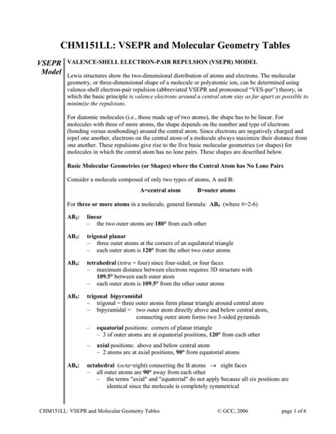 CHM151LL: VSEPR and Molecular Geometry Tables .